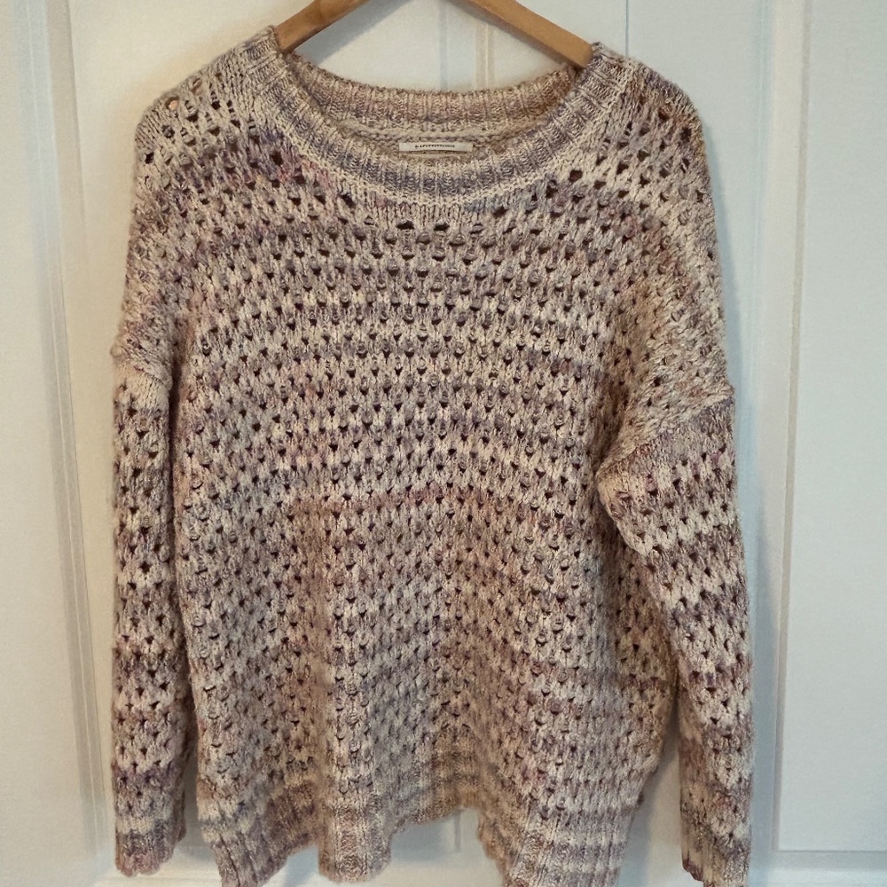 By Anthropologie Oversized Mesh Stitch knit cream pink purple sweater sz M